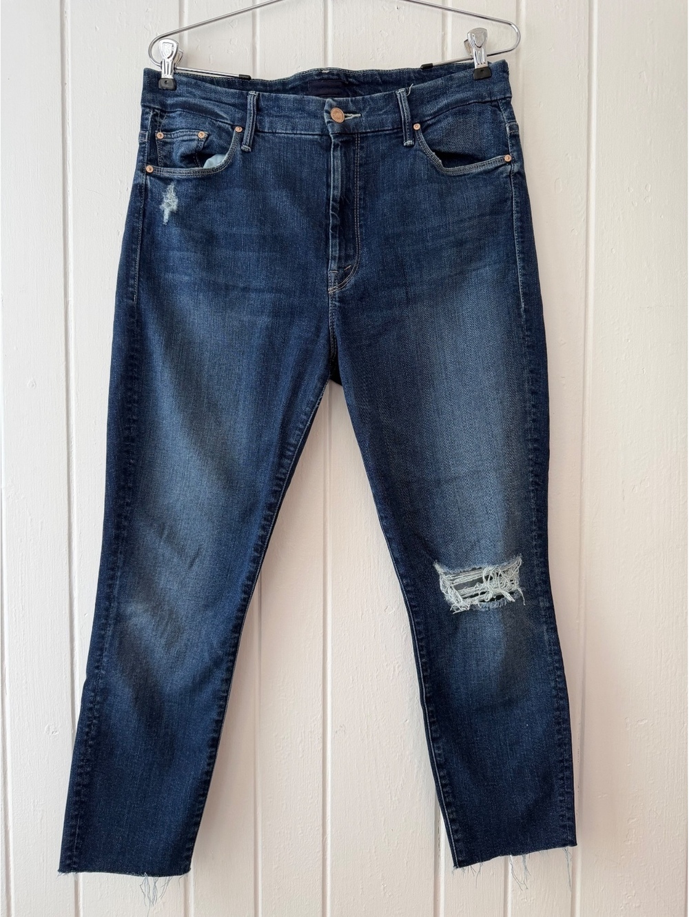 Mother Dark Wash Distressed Denim Jeans Size 32 with Raw Hem